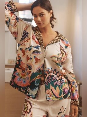 Anthropologie Sarah Gordon Floral Flannel Buttondown Pajama Top XL colorful bird
